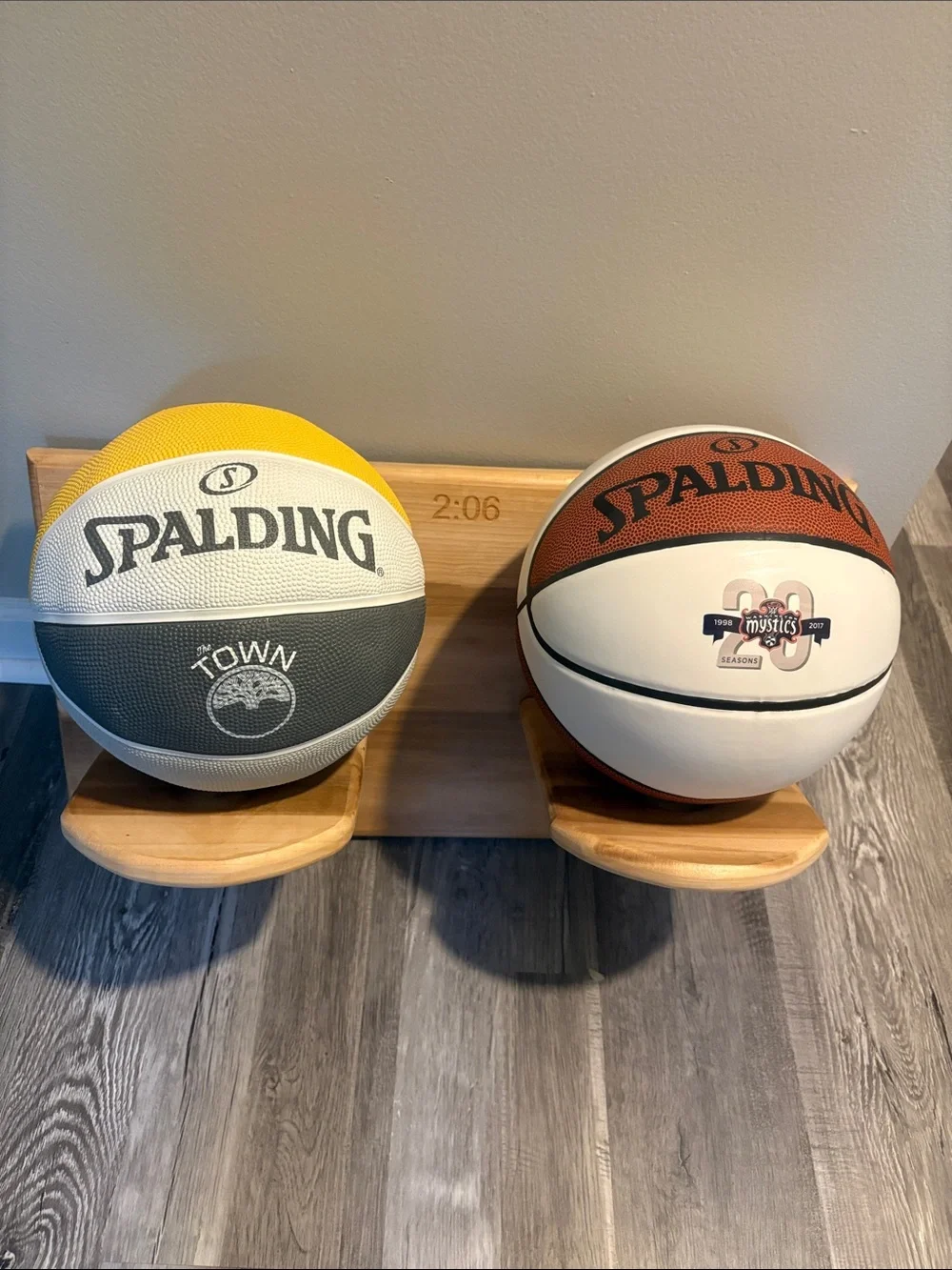 Wooden Wall-Mounted Double Basketball Holders in Natural Brown